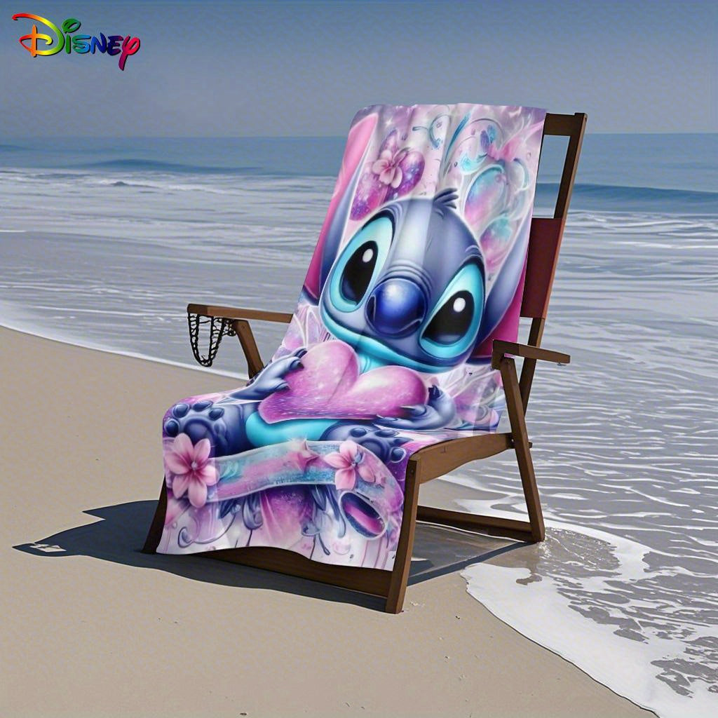 1pc Stitch Beach Towel - Large, Soft Polyester Microfiber Beach Mat with Cute Blue Alien Holding Pink Heart Design, Floral & Heart Patterns, Absorbent & Quick-Dry, Perfect for Yoga, Swimming, Travel, and More - Beach Accessor