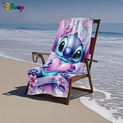 1pc Stitch Beach Towel - Large, Soft Polyester Microfiber Beach Mat with Cute Blue Alien Holding Pink Heart Design, Floral & Heart Patterns, Absorbent & Quick-Dry, Perfect for Yoga, Swimming, Travel, and More - Beach Accessor