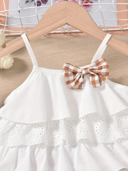 Cute Ruffle Lace Top & Check Shorts Two-Piece Set - White Blouse with Yellow Bow, Yellow & White Gingham Shorts, Perfect for Spring/Summer, Casual Playwear|Ruffle Detail Top|Nonstretch Fabric, for Outdoor