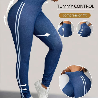 [Denim Print/Imitation Denim] Women's High-Waisted Stretch Skinny Jeans - Blue Distressed Look Leg Jeans, Non- Tummy Control Compression Fit, All-Season Elegant & Casual Pants for Everyday or Formal Outfits - Wrinkle-Resistan