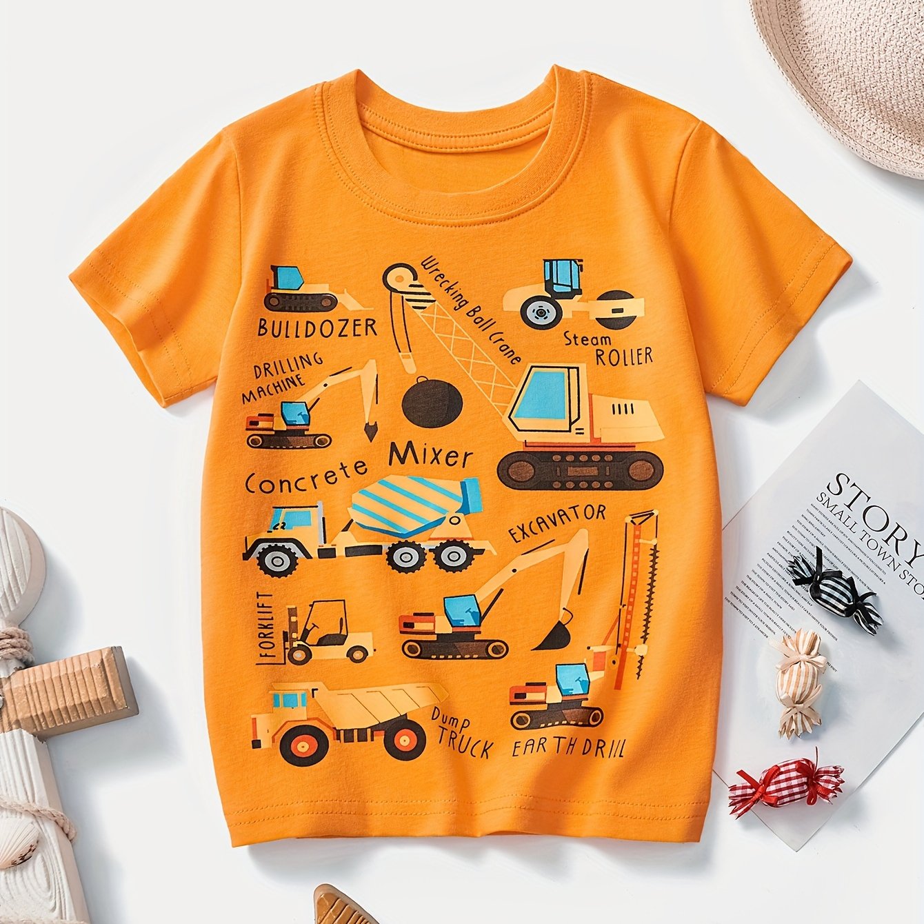 Boys' Cotton Short Sleeve T-Shirt with Cartoon Excavator Print, Breathable Summer Trend