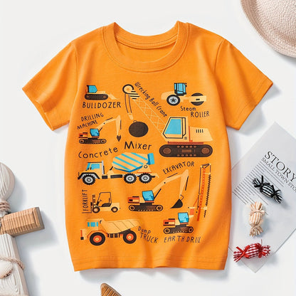 Boys' Cotton Short Sleeve T-Shirt with Cartoon Excavator Print, Breathable Summer Trend