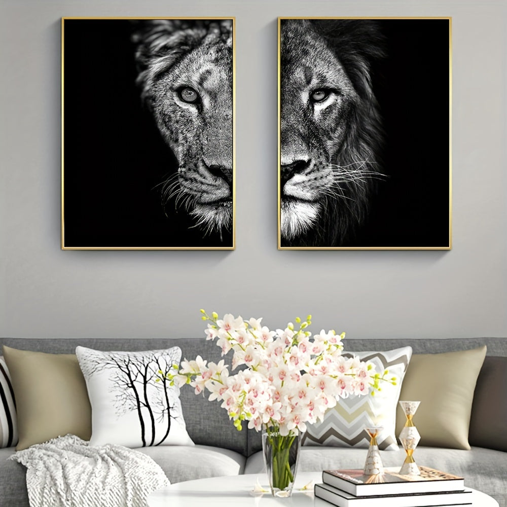 2pcs African Lion Wall Poster - Unframed Canvas Painting for Home Decor - 15.7x23.6in/40cmx60cm - Black and White Design
