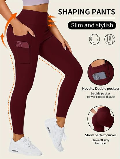 High-Waisted Leggings with Slim-Fit Double Pocket Design - Burgundy/Black/White/Navy Blue - All-Season Pants, Tummy Control & Butt-Lifting for,, Casual Wear - Hand Washable Stretchy Bottoms
