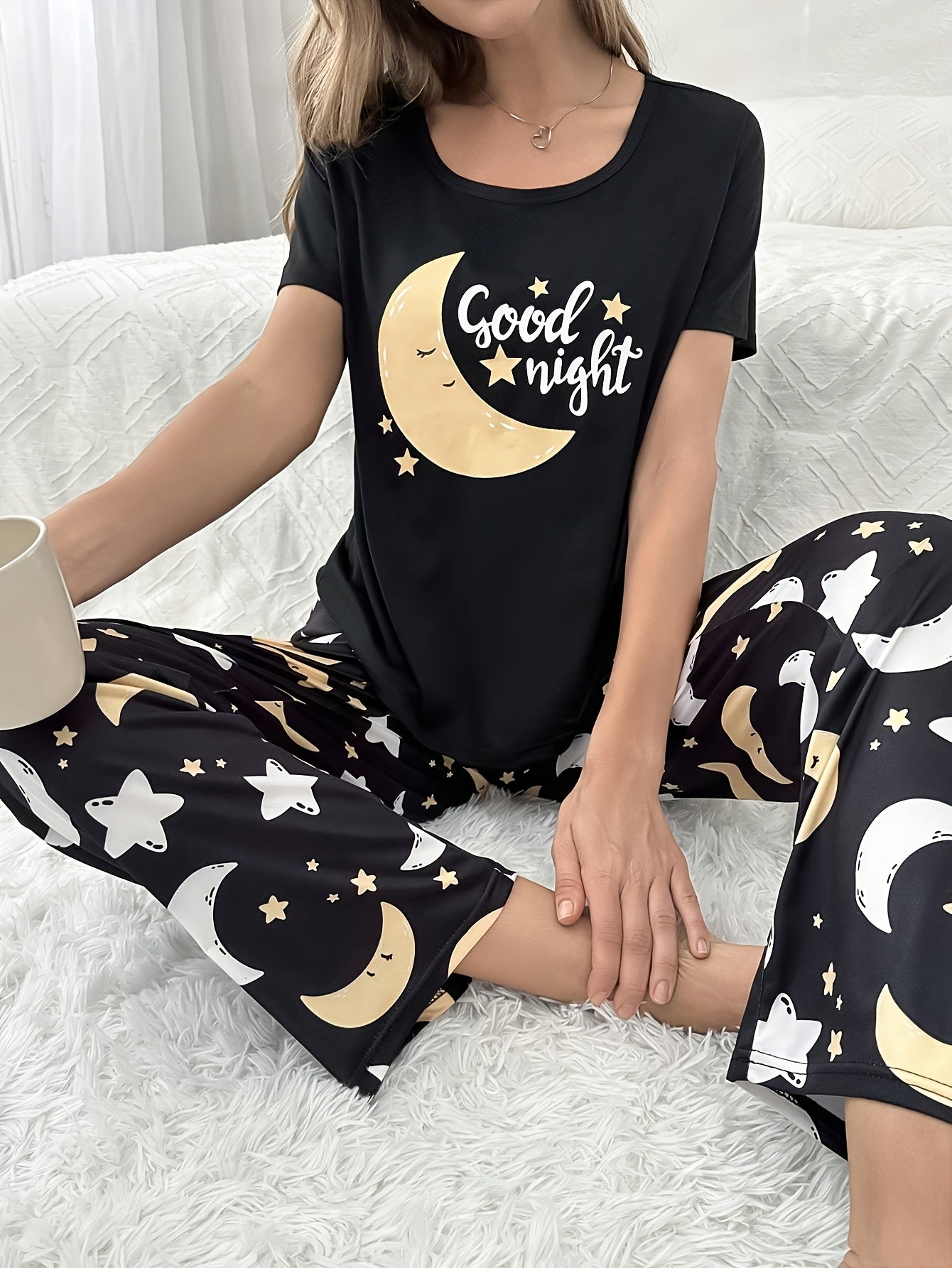 Women'S Casual "Good Night" Moon & Stars Print Pajama Set - Short Sleeve Top & Long Pants, Soft Crew Neck, Lightweight Spring/Summer Sleepwear, Perfect for Home or Outdoor, Relaxed Fit, Casual Wear|Playful Print|Lightweight F