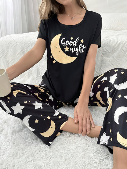 Women'S Casual "Good Night" Moon & Stars Print Pajama Set - Short Sleeve Top & Long Pants, Soft Crew Neck, Lightweight Spring/Summer Sleepwear, Perfect for Home or Outdoor, Relaxed Fit, Casual Wear|Playful Print|Lightweight F