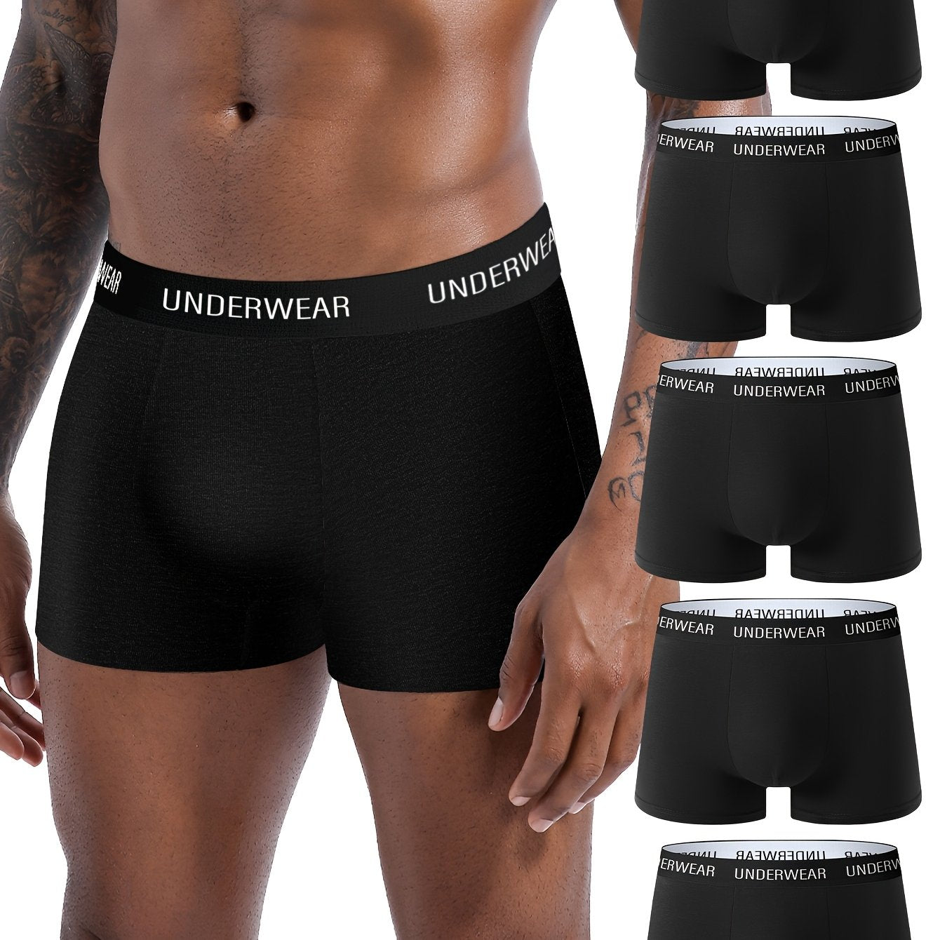 5-Pack Men'S Black High-Waisted Boxer Briefs - Premium Comfort, Breathable & Light Beige-Friendly Underwear for Youth, Casual Attire, Stylish Undergarments, Modern Undergarments, Soft Material, Comfortable Fit, Multipack Unde