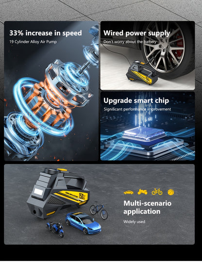 Inflador de pneus digital CaRSun, bomba de ar portátil com luz LED para automóveis, motos e bicicletas - DC 12V, 150 PSI, design preto e amarelo, alimentação por ficha, sem necessidade de bateria, insuflador de pneus de bicicleta | Porta elegante