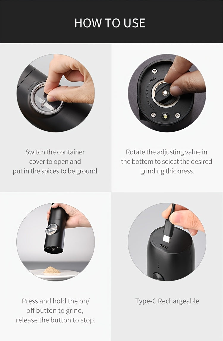 1pc/2pcs Option, Rechargeable Electric Salt And Pepper Grinder, Automatic Salt And Pepper Grinder with LED Light, Adjustable Coarseness, Large Capacity, Suitable for Home Kitchen Barbecue, Restaurant, Outdoor, Wedding Gift