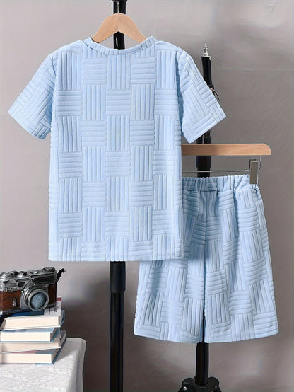 Boys' Fashion Casual Round Neck Short Sleeve T-Shirt + Casual Shorts Two-Piece Set, Perfect for Outdoor