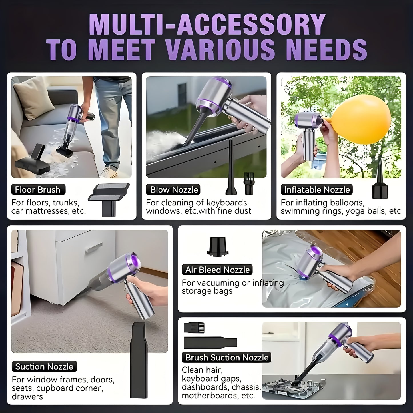 Aspirador portátil sem fios de alta potência 20000PA, mini aspirador 4 em 1 com compressor, soprador de ar e bomba, com motor sem escovas, ideal para carro, casa, escritório, campismo e limpeza de pó de teclados de computador e portáteis.