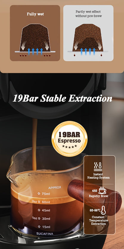 CAFELFFE 4-in-1 Capsule Coffee Machine | 19 Bar Espresso Maker | Smart Temp Control & 7 Preset Brewing Times | Compatible with Nes/DG/ Capsules Ground Coffee/ESEpod | Premium Gift Set for Coffee Lovers & Family, Automatic Esp