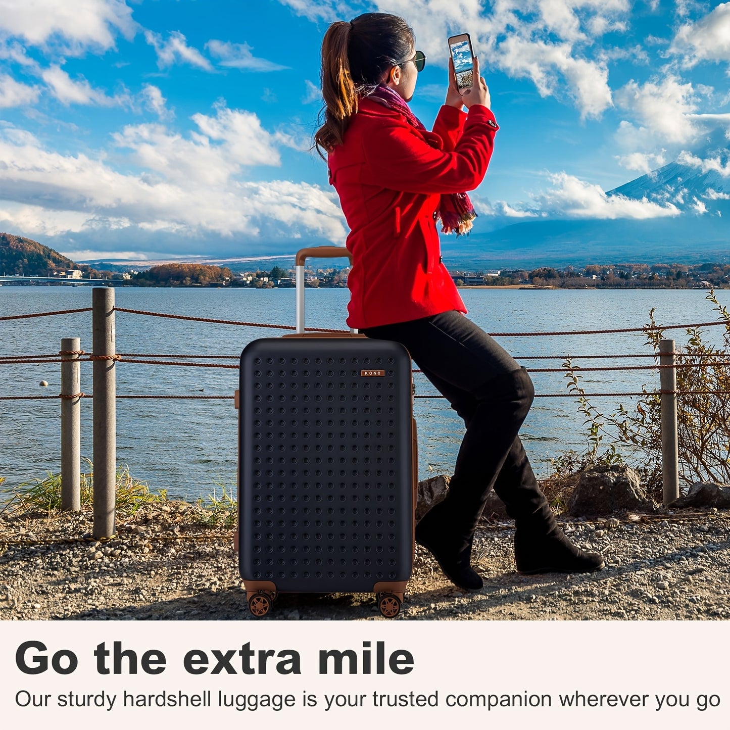 Kono Multi-Size Checked Luggage Suitcase with Spinner Wheels, TSA Lock & ABS+PC Hardshell - Lightweight Carry-On or Checked, Navy Blue & Brown, Frame, Multi-Directional Travel Suitcase for &