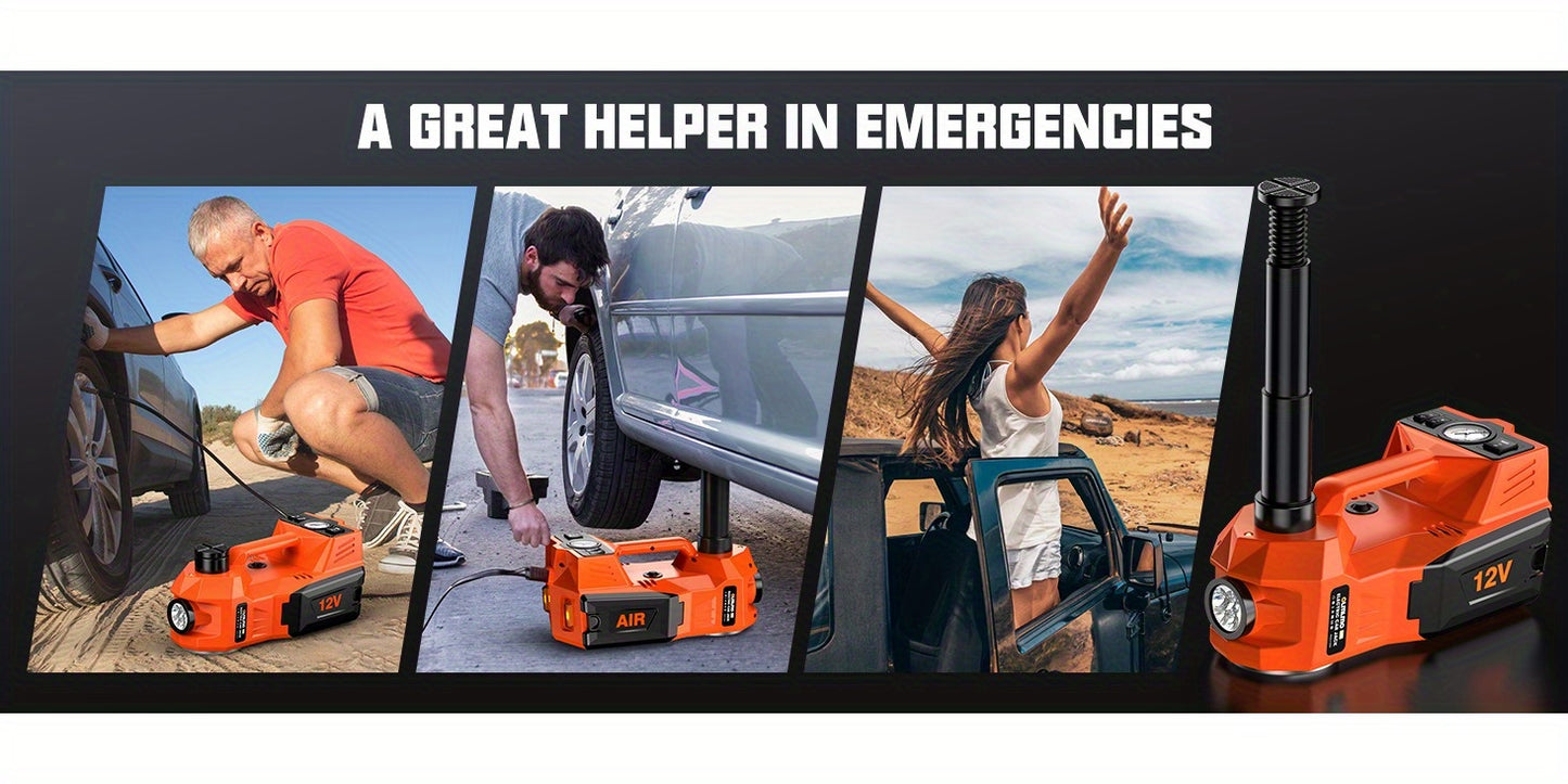 Macaco hidráulico reforçado de 12V e 5 toneladas (elevação de 15,5 a 45 cm) com compressor de ar e luz LED | Sistema de elevação sem fios para automóveis, SUV e camiões, troca de pneus e reparações em oficinas mecânicas.