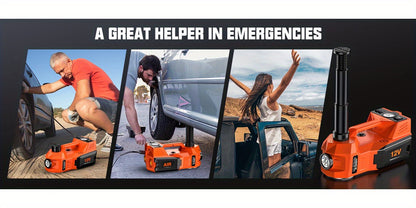 Macaco hidráulico reforçado de 12V e 5 toneladas (elevação de 15,5 a 45 cm) com compressor de ar e luz LED | Sistema de elevação sem fios para automóveis, SUV e camiões, troca de pneus e reparações em oficinas mecânicas.