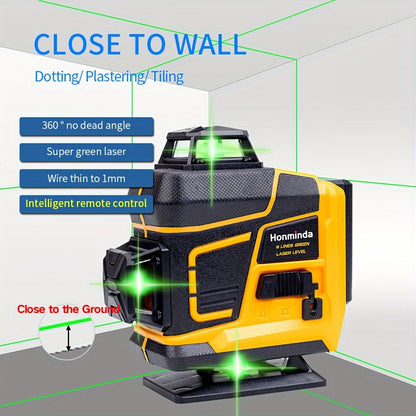 Honminda 16-Line 360° Self-Leveling Laser Level with Green Beam, 4x360° Vertical/Horizontal Cross Lines, Rechargeable Battery & Remote Control, Lifting Base & Tripod Included for Construction, Photography, Videography, Vide