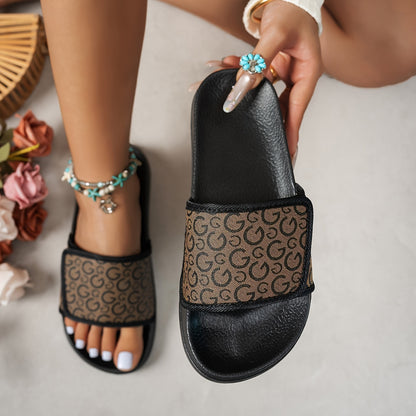 Women's White/Golden Greek Key & Letter Print Slip-On Mules - PU Cover Upper, Cushioned Insole & Arch - All-Season Casual Sandals for Beach, Weddings & Casual Attire, Comfortable Sleepers For Womens, Woman Slippers For Women,