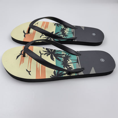 Men's Oversized Slip-On Flip Flops with Tropical Palm Tree & Sunset Print - Non-Slip Beach Sandals, Cushioned EVA Sole & Arch Support, -Resistant PVC Upper for Pool, Vacation, Casual Wear - Wide Widths Available, Vacation Foo