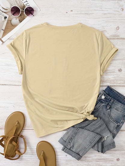 T-shirt casual para mulher com estampado floral de borboletas e margaridas, gola redonda - Verde azeitona, Lavável à máquina, Modelagem regular para looks casuais, Moda para todas as estações, Estilo descontraído, Tecido não transparente