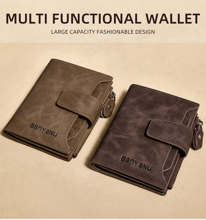 BANYANU Vintage Genuine Leather Wallet for Men - RFID Blocking, 17 Card Slots, Zippered Coin Pocket &amp; Independent Card Holder, Brown, Perfect Father'S Day Gift, Secure Card Storage | Vintage Wallet | Durable Zipper Closure, B