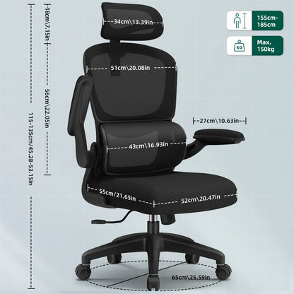 Cadeira de Escritório Ergonómica com Apoio Lombar e Braços Rebatíveis