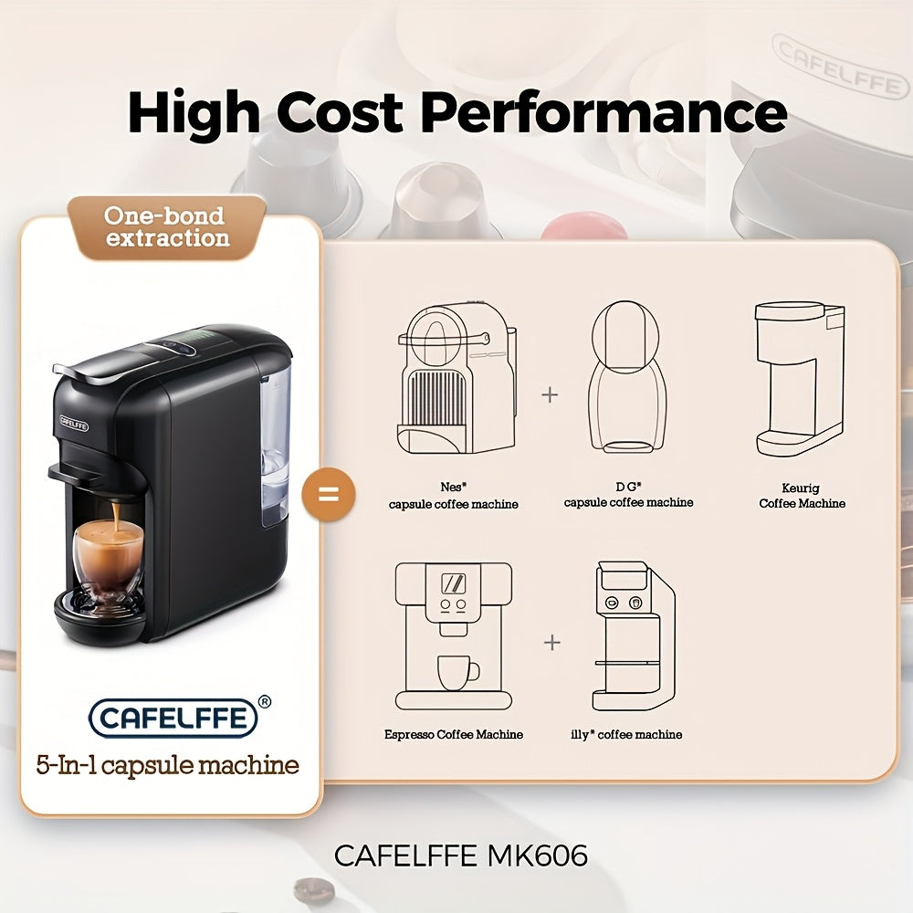 CAFELFFE 5-in-1 Multifunctional Capsule Coffee Machine | Hot/Cold | Compatible With NES Capsules, DG Capsules, K-Cup Capsules, ESEpod And Ground Coffee | Automatic Coffee Maker For Home & Office | Great Gift For Family/ Fathe
