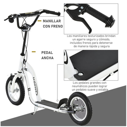 HOMCOM Scooter for Children Over 5 Years Old 2 Inflatable Rubber Wheels with Adjustable Handlebar Brakes Anti-Slip Pedal 120X58X85-95 Cm White