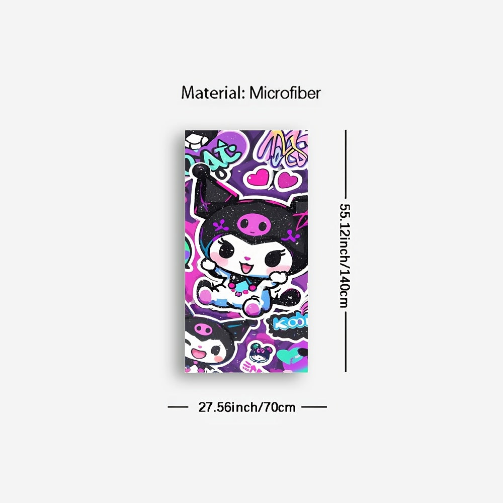 1pc Sanrio Kuromi Cartoon Beach Towel - Quick-Dry Microfiber Oversized Bath & Beach Towel with Vibrant Purple & Pink Anime Design, Hearts, Stars & Playful Phrases for Pool, Travel, Bath, Poolside Accessory, Playful Design, Qu