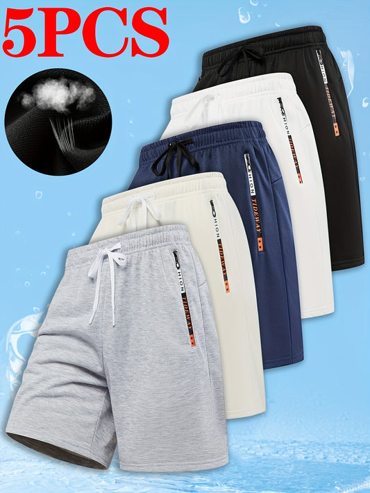 Set of 5 Mixed Color Breathable Shorts for Men, Classic Fit Knitted Shorts with Zipper Pockets, Stylish Drawstring Shorts for Summer, Available in Multiple Colors Suitable for Running, Fitness, And Training, Elastic Waist Sum