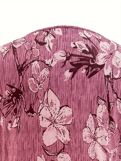 Floral Print Button Front T-shirt, Casual Short Sleeve Summer T-shirt, Women's Clothing