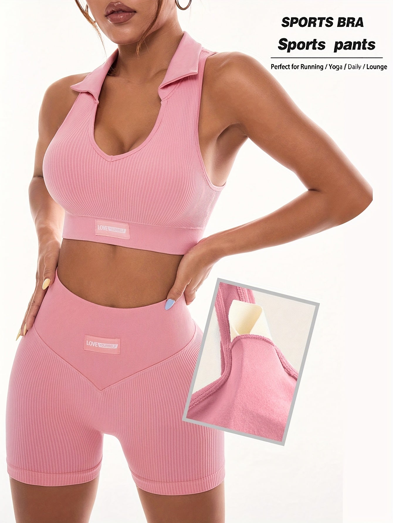 Women'S High Stretch Ribbed Fitness Set, Pink Sleeveless Sports Bra and Shorts with Removable Pads, Ideal for Running and Outdoor Activities