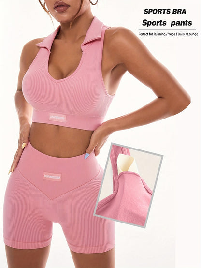Women'S High Stretch Ribbed Fitness Set, Pink Sleeveless Sports Bra and Shorts with Removable Pads, Ideal for Running and Outdoor Activities