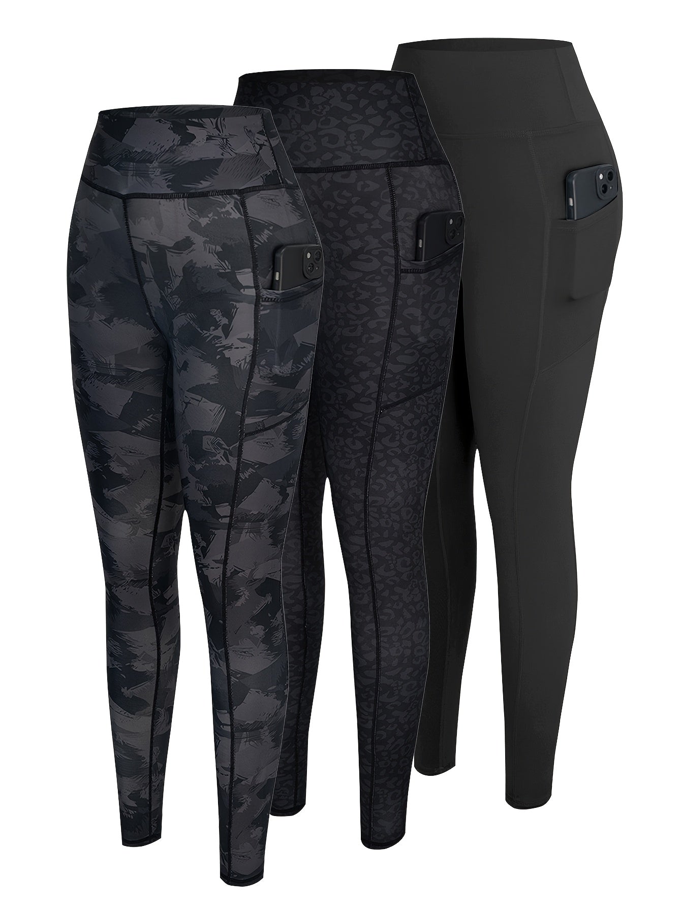 3-Pack Women'S High-Waisted Yoga Pants with Side Pockets - Non-Slip Grip, Stretchy Workout Leggings for Gym, Running, Everyday - All-Season Fitness Pants in Black/Gray/ - Ideal for Yoga, Pilates, Casual Attire, Yoga Leggings,