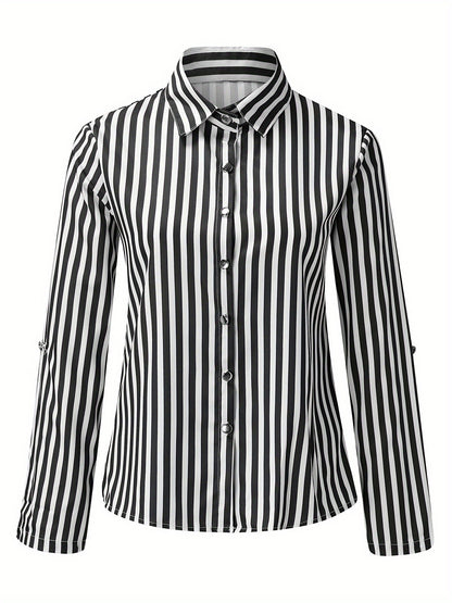 Striped Print Button Front Shirt, Elegant Long Sleeve Business Work Shirt With A Collar, Women's Clothing