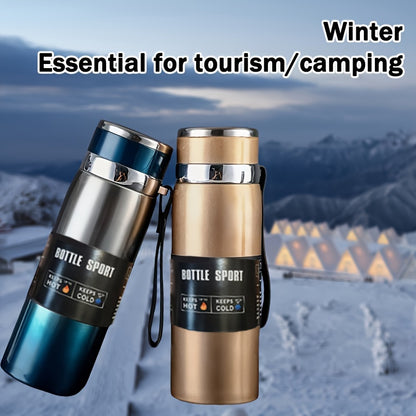 800ml/27oz Stainless Steel Insulated Water Bottle with Carrying Strap - Keeps Drinks Hot for 10 Hours or Cold for 24 Hours, BPA-Free, Portable for Camping, Hiking, Driving, and Travel