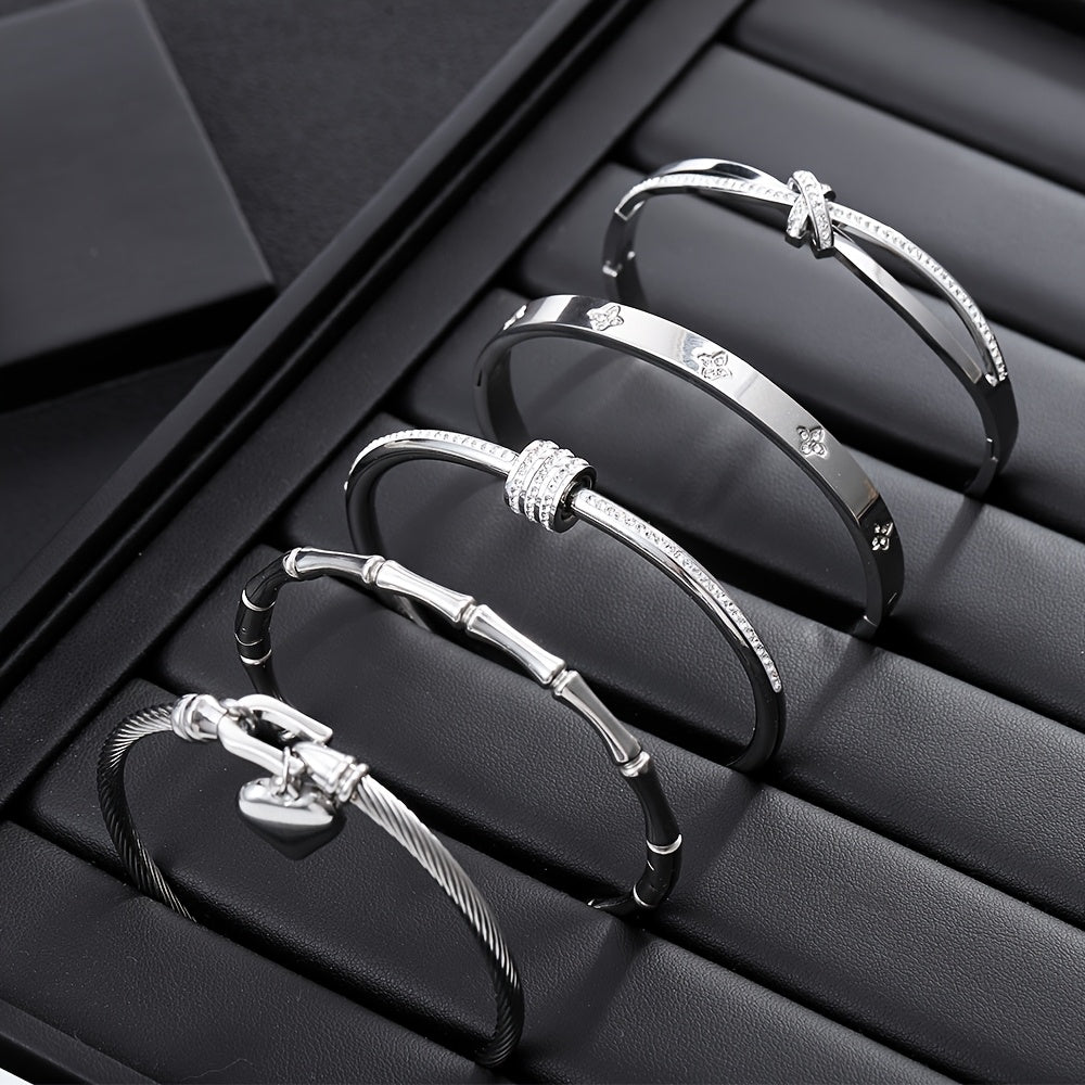 5pcs Classic Stainless Steel Cuff Bracelets, Waterproof and Rust-Resistant Silvery Women'S Light Luxury Rhinestone Bracelets, Suitable for Layering and Combination Matching, Unique Jewelry Accessories Gift