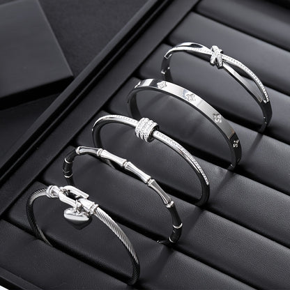 5pcs Classic Stainless Steel Cuff Bracelets, Waterproof and Rust-Resistant Silvery Women'S Light Luxury Rhinestone Bracelets, Suitable for Layering and Combination Matching, Unique Jewelry Accessories Gift