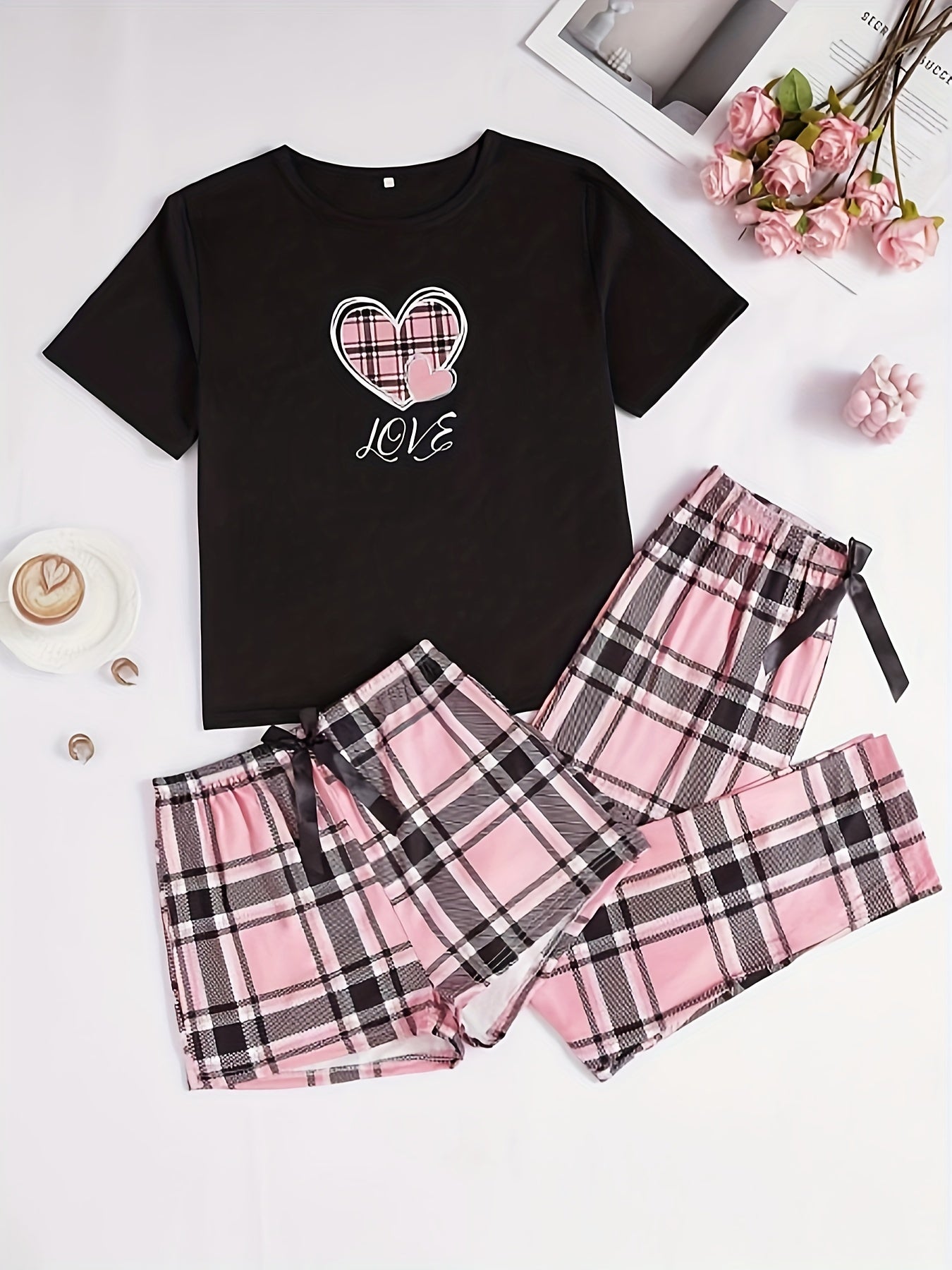 3-Piece Casual Women's Pink Heart Plaid Pajama Set with Round Neck and Plaid Pattern for Adults, Made of Polyester