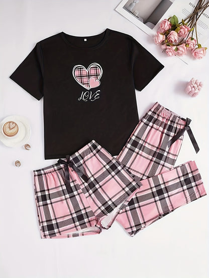 3-Piece Casual Women's Pink Heart Plaid Pajama Set with Round Neck and Plaid Pattern for Adults, Made of Polyester