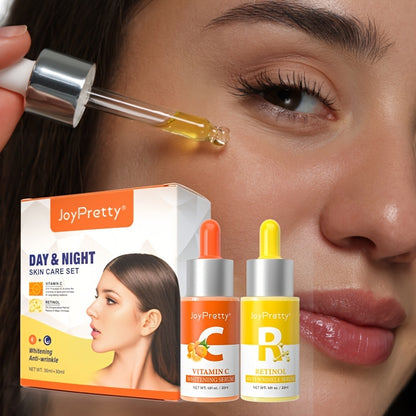 Vitamin C Serum In The Morning And Retinol Essence In The Evening, Facial Skin Care Serum Set, Moisturizing, Rejuvenating Essence To Improve Rough Skin, 30ml*2pcs/Set With Plant Squalane