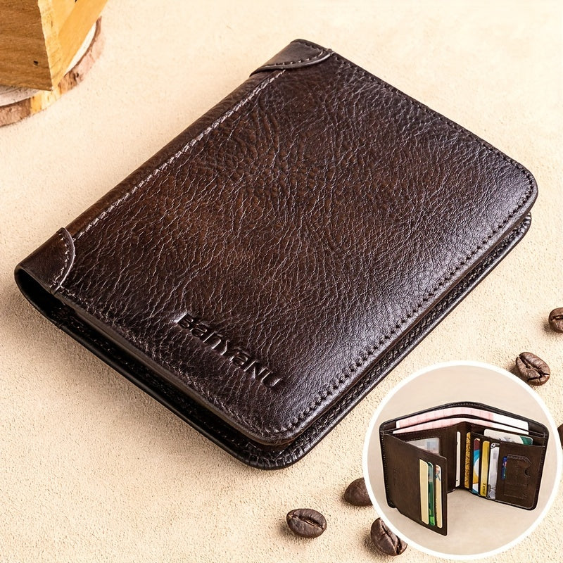 BANYANU Men'S Genuine Leather Short Wallet - Brown, Casual Style, Three-Fold Design, Multiple Card Slots, Anti-Theft Protection, Durable & Stylish for Everyday Use, Secure Card Holder | Casual Wallet | Genuine Leather Wallet