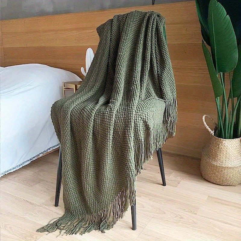 1pc Throw Blanket with Tassels, Bubble Textured Lightweight Throw Blanket for Couch Bed Sofa Home Decor