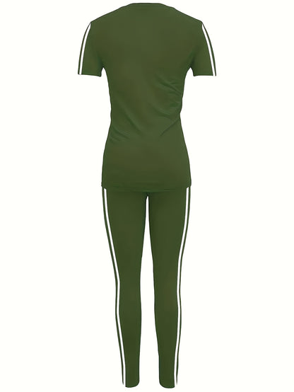 Women'S Casual Fashion Outdoor Sports Set, Double-Sided Striped Round Neck Short Sleeve Long Pants Two-Piece, Women'S Jogging Suit, Solid Color, Medium Stretch, Regular Sleeve, Crew Neck, Side Stripe, Pullover, Spring/Summer/