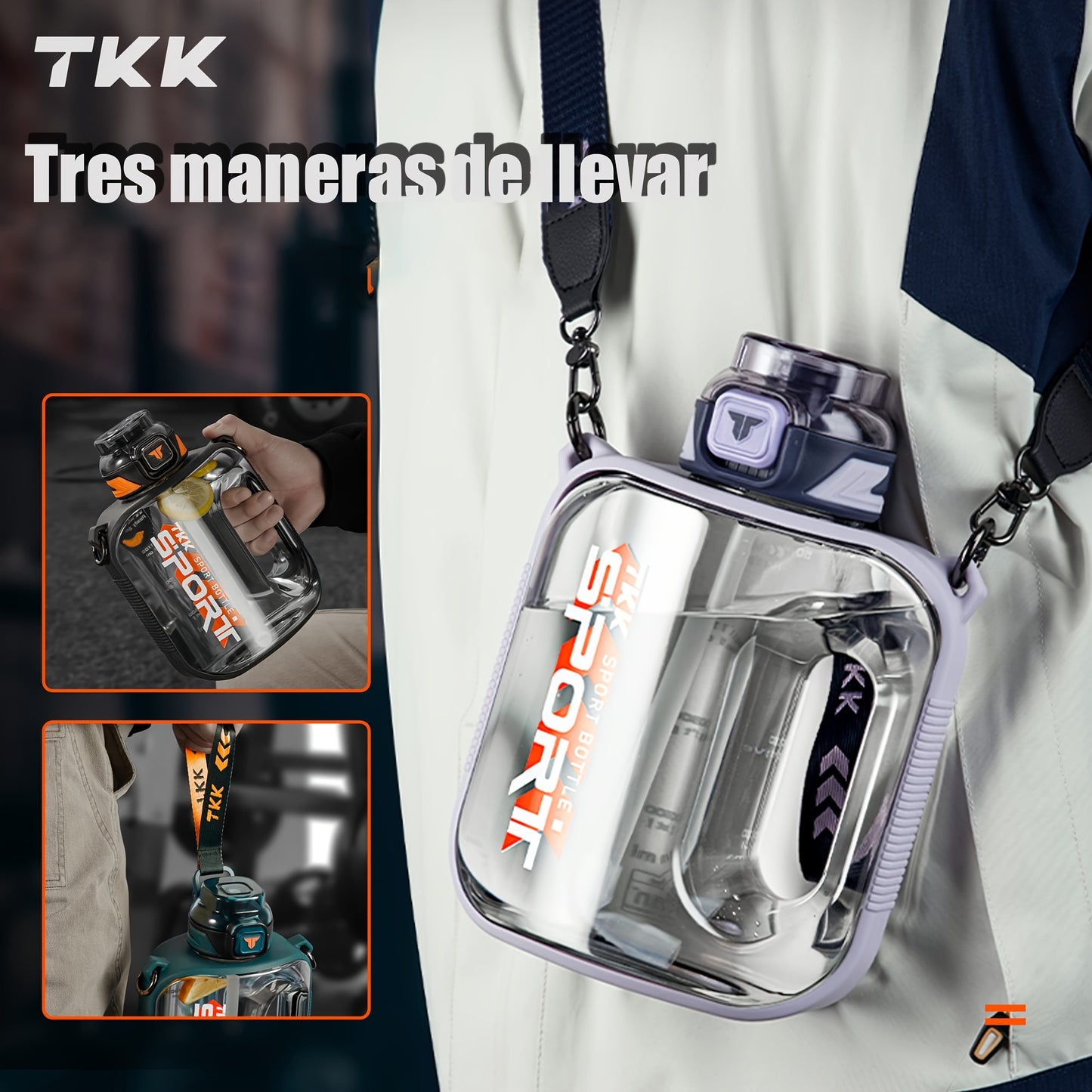 TKK Letter Pattern Plastic Water Bottle, Leakproof Sports Drink Bottle With Handle &amp; Shoulder Strap, Portable For Fitness, Travel