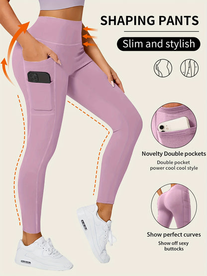High-Waisted Leggings with Slim-Fit Double Pocket Design - Burgundy/Black/White/Navy Blue - All-Season Pants, Tummy Control & Butt-Lifting for,, Casual Wear - Hand Washable Stretchy Bottoms