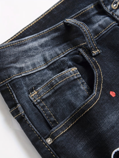 Patch Splatter Ripped Jeans, Men's Casual Street Style Distressed Slim Fit High Stretch Denim Pants For Spring Summer