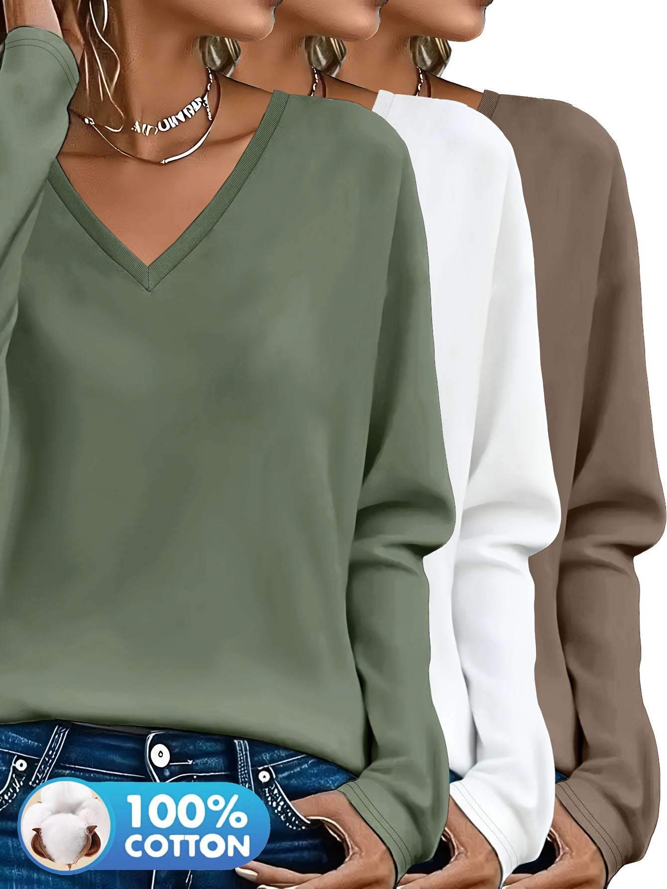 3pcs Women'S 100% V-Neck Long Sleeve T-Shirts - Soft, Durable, and Comfortable Casual Wear for All Seasons, Perfect for Holidays, Graduations, and Everyday Style, Everyday Comfort Wear | Minimalist Style | Soft Fabric Tee