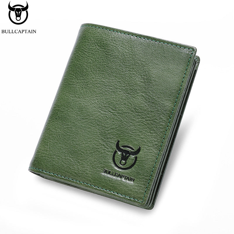 BULLCAPTAIN Men'S Genuine Leather Wallet, Handmade Full-Grain Cowhide, Large Capacity Multi-Card Holder, Driving License Slot, Sleek Black Embossed Logo, Business Style, Polyester Lined, Non-Braided, Secure Travel Wallet | St