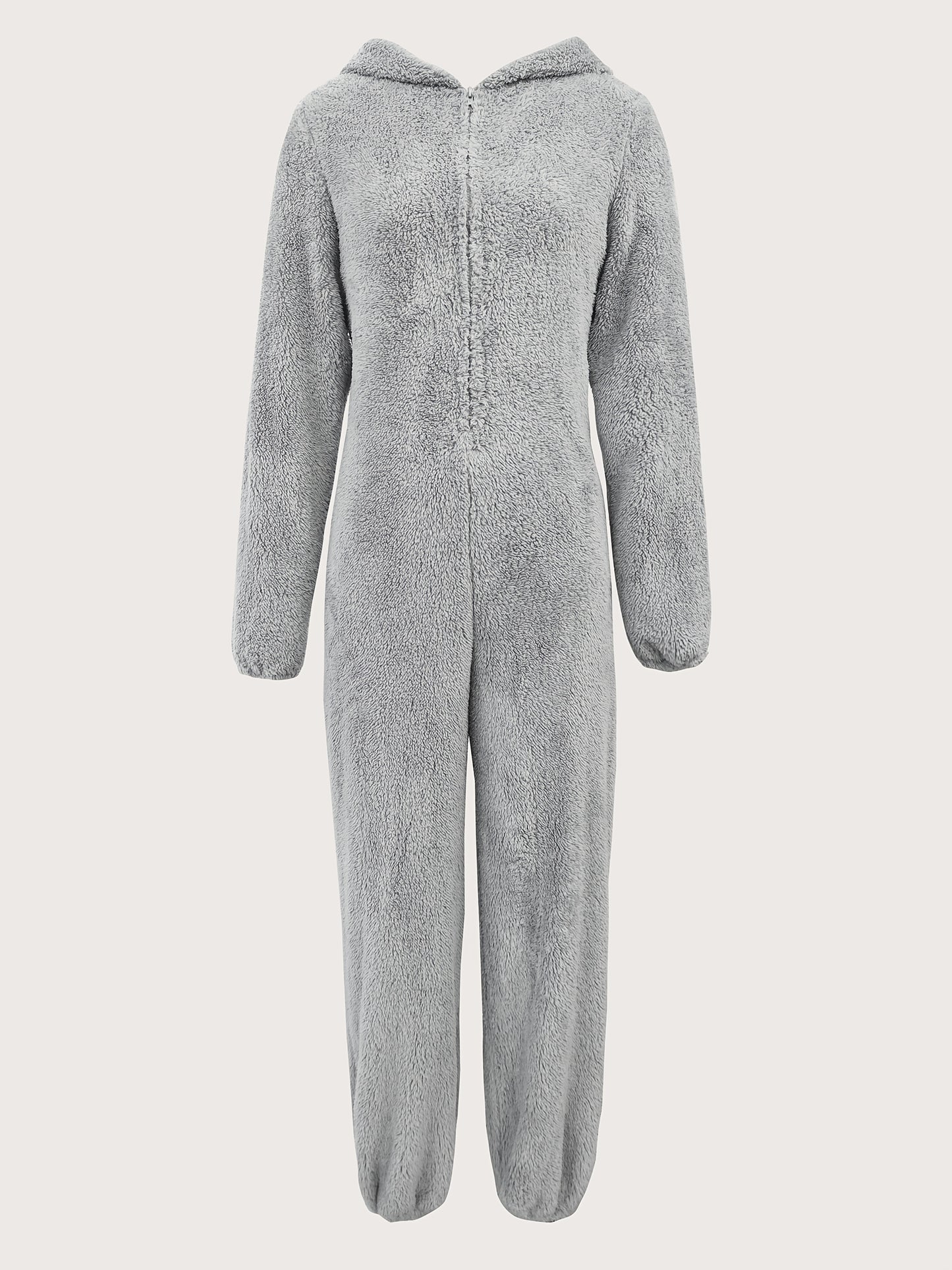 Macacão com capuz e fecho, forro turco, modelo casual de manga comprida e quente para o outono e inverno. Roupa feminina.