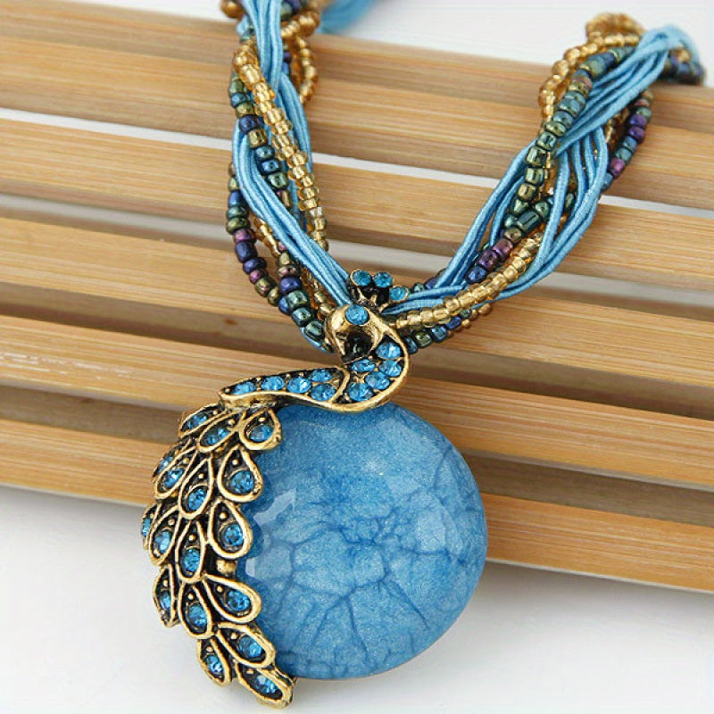 A Vintage Peacock Gemstone Necklace with a Bohemian Style, Made by Hand, Suitable for Women, Perfect for Sweaters.